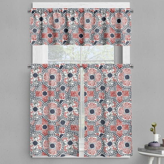 Ambesonne Aztec Valance & Curtain, Animal Motifs Circles, 55"x36", Vermilion Dark Blue
