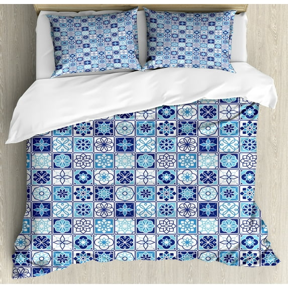 Ambesonne Azulejo Duvet Cover Sets, Floral Motif Squares, 2-King, Dark Sky Blue Sky Blue