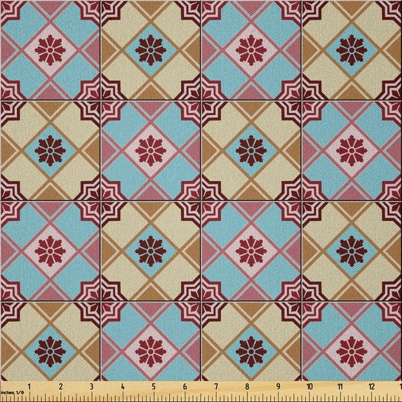 Ambesonne Azulejo Fabric by the Yard Microfiber, Flora Vintage Ornament Art, 2 Yards, Pale Blue Grey and Dried Rose