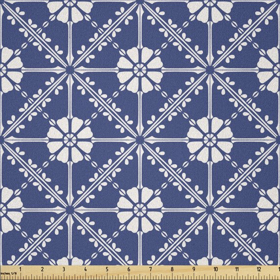 Ambesonne Azulejo Fabric by the Yard Microfiber, Traditional Portuguese Art, 3 Yards, White and Dark Lavender