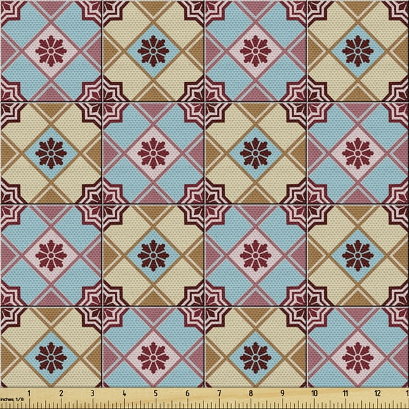 Ambesonne Azulejo Fabric by the Yard Upholstery, Flora Vintage Ornament Art, 5 Yards, Pale Blue Grey and Dried Rose