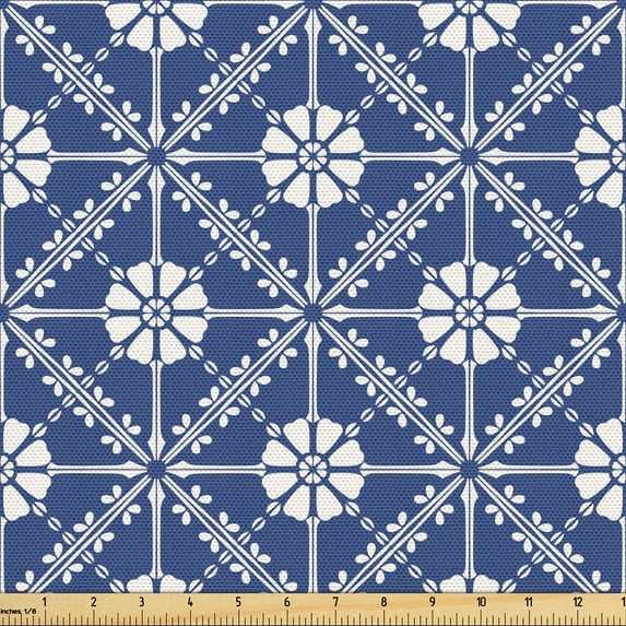 Ambesonne Azulejo Fabric by the Yard Upholstery, Traditional Portuguese Art, 10 Yards, White and Dark Lavender