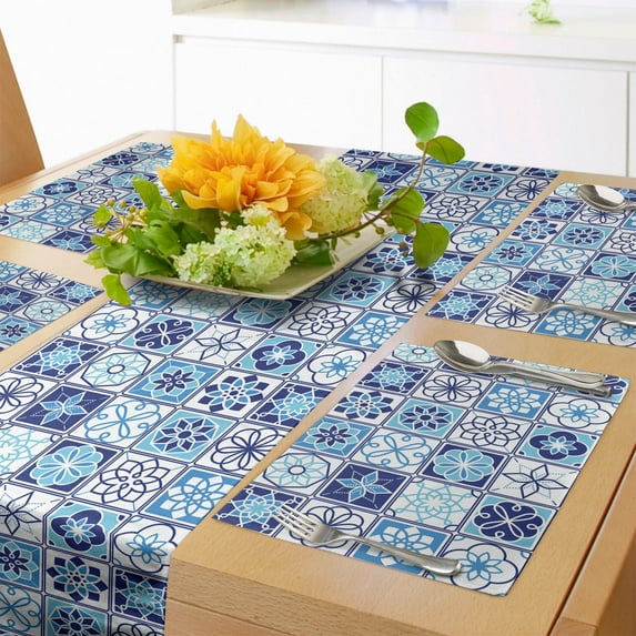 Ambesonne Azulejo Table Runner & Placemats, Floral Motif Squares, Placemat 4 pcs + Runner 12"x72", Dark Sky Blue Sky Blue