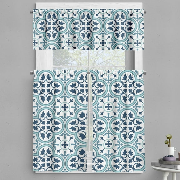 Ambesonne Azulejo Valance & Curtain, Ethnic Portuguese Mosaic, 55"x36", Dark Teal and White