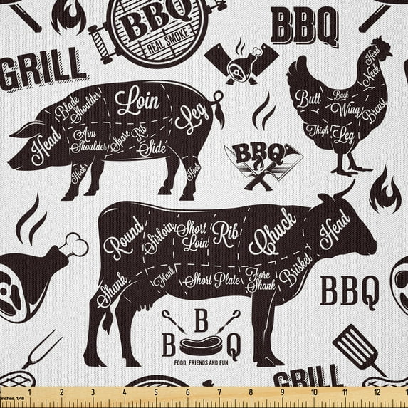 Ambesonne BBQ Fabric by the Yard Microfiber, Food Friends and Fun Lettering, 10 Yards, White Dark Fuchsia