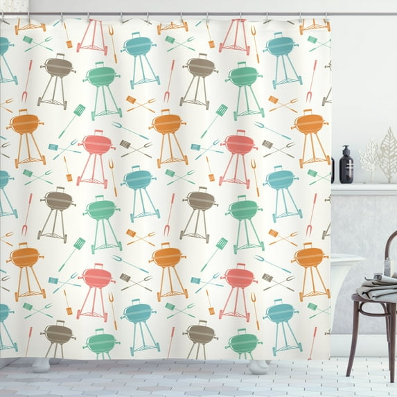 Ambesonne BBQ Shower Curtain, Retro Barbecue Grill Elements, 69"Wx70"L, Multicolor