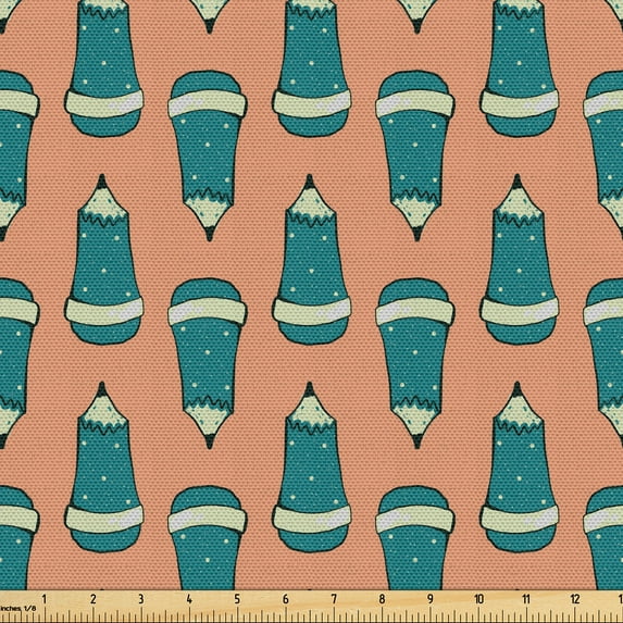 Ambesonne Back to School Fabric by the Yard Upholstery, Repetitive Pencils, 2 Yards, Salmon Dark Teal and Cream