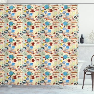 Ambesonne Back to School Shower Curtain, Laptops Notes Buses, 69"Wx84"L, Champagne Multicolor