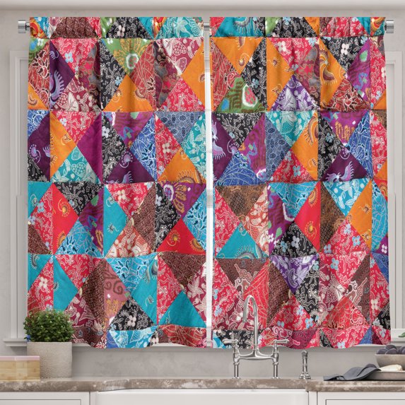 Ambesonne Balinese Kitchen Curtains, Traditional Patchwork Form, 55"x39", Multicolor