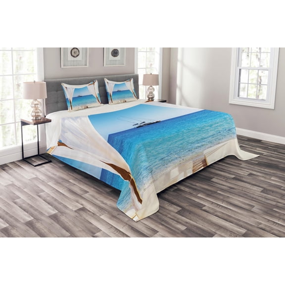 Ambesonne Balinese Quilted Bedspread Set 3 Pcs, Honeymoon Themed Spa, King Size, Blue White