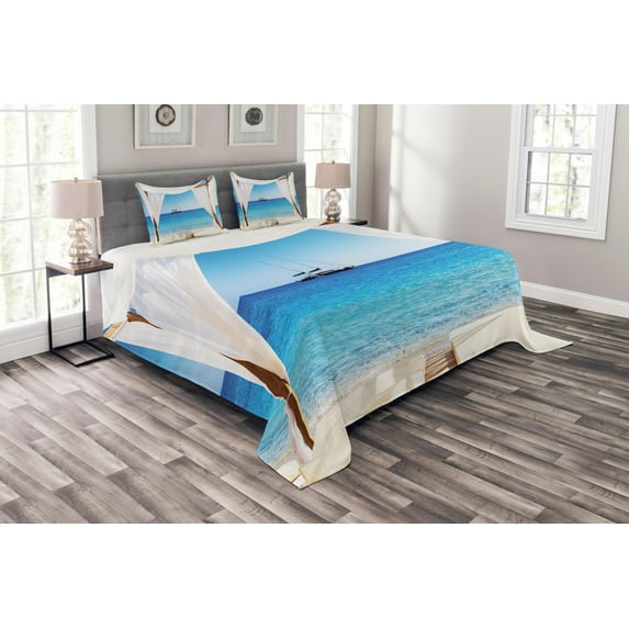 Ambesonne Balinese Quilted Bedspread Set 3 Pcs, Honeymoon Themed Spa, Queen Size, Blue White