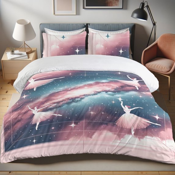 Ambesonne Ballerina Duvet Cover Set, Ballet Dancers Galaxy Art, Queen, Rose Blush Slate Blue