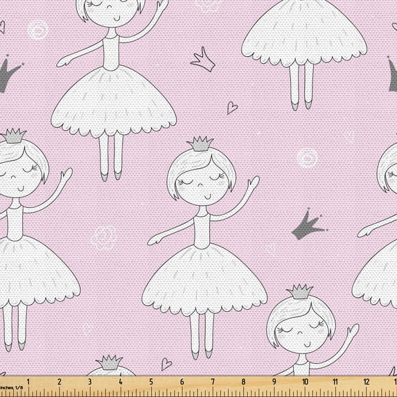 Ambesonne Ballerina Fabric by the Yard Upholstery, Dancer Girl Crown, 2 Yards, Pale Pink Grey White