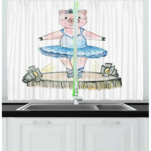 Ambesonne Ballerina Kitchen Curtains, Pig with Outfit on Stage, 55"x39", Multicolor