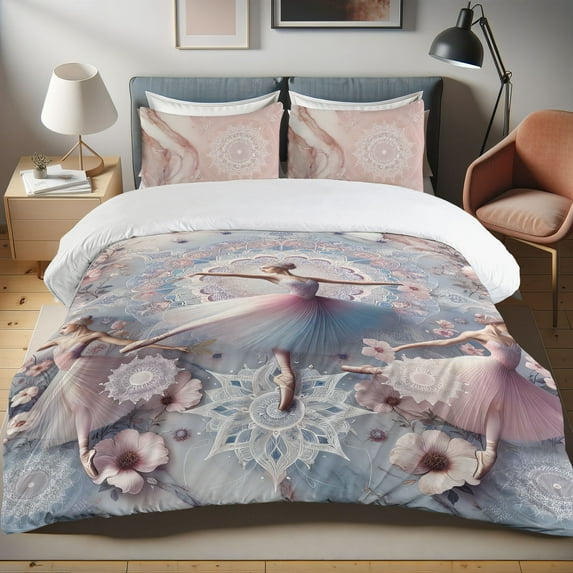 Ambesonne Ballerinas Duvet Cover Set, Dreamy Ballet Dancers, Twin, Pink Blush Blue Grey