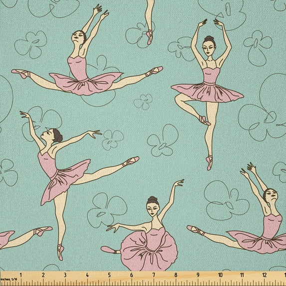 Ambesonne Ballet Fabric by the Yard Microfiber, Ballerinas in Various Poses, 3 Yards, Seafoam Pale Pink Cream
