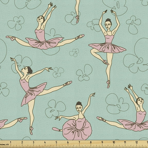 Ambesonne Ballet Fabric by the Yard Upholstery, Ballerinas in Various Poses, 10 Yards, Seafoam Pale Pink Cream