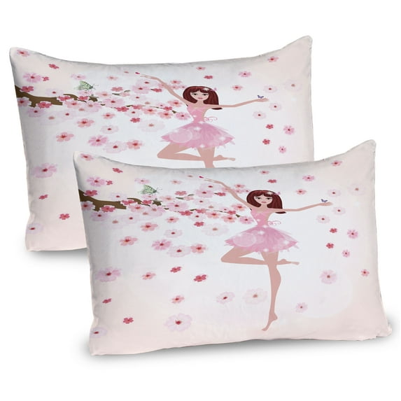 Ambesonne Ballet Pillow Sham 2 Pack, Ballerina Girl Sakura Tree, 30"x20", Rose Pale Peach