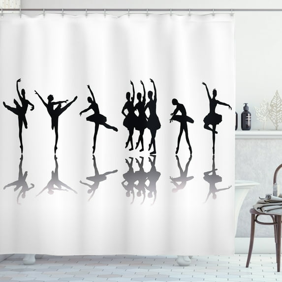 Ambesonne Ballet Shower Curtain, Ballerinas on Stage Dance, 69"Wx70"L, Black Pale Grey White
