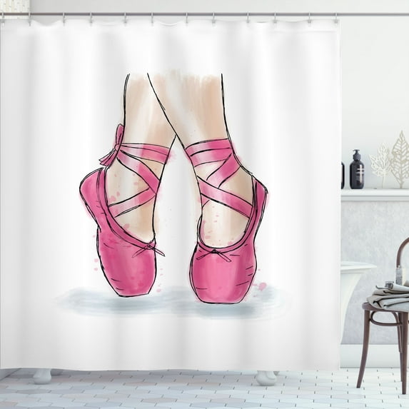 Ambesonne Ballet Shower Curtain, Hand Drawn Ballerina Shoes, 69"Wx84"L, White Pink Pale Peach