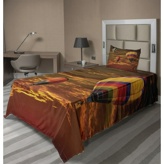 Ambesonne Balloon Fitted & Top Sheet Set with Sham, Skyscape Colorful Vehicles, Multicolor