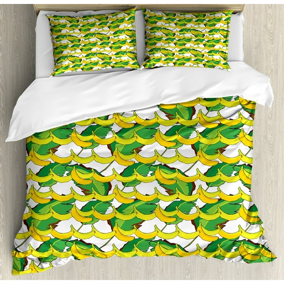 Ambesonne Banana Duvet Cover Set, Tropical Fruit and Leaves, 2-Calking, Yellow Lime Green