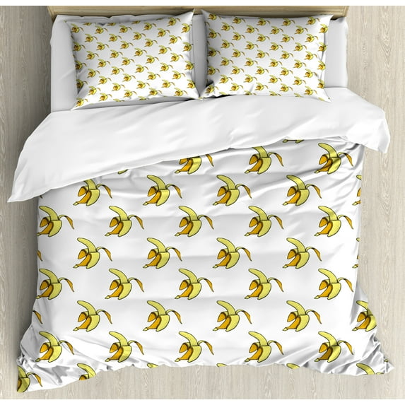 Ambesonne Banana Duvet Cover Sets, Vintage Peeled Dotted Fruit, 2-Queen, Yellow Orange