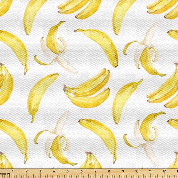 Ambesonne Banana Fabric by the Yard Upholstery, Watercolor Yellow Fruits, 1 Yard, White and Pastel Yellow