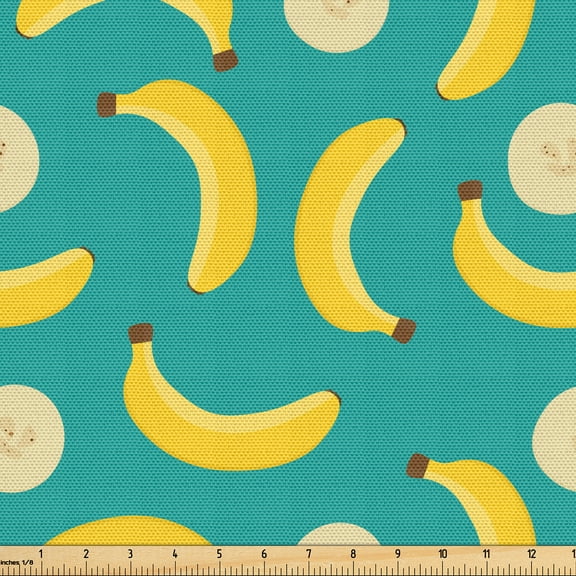 Ambesonne Banana Fabric by the Yard Upholstery, Whole and Sliced Fruit, 1 Yard, Seafoam Mustard
