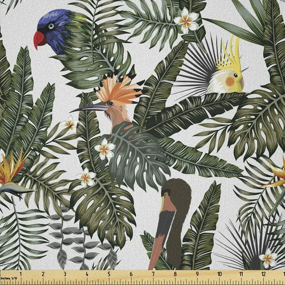 Ambesonne Banana Leaf Fabric by the Yard Microfiber, Tropical Birds Leaves, 10 Yards, Fawn and Army Green