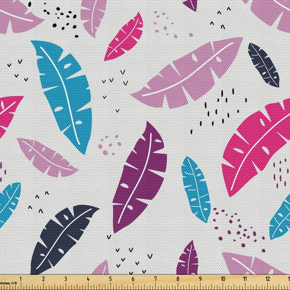 Ambesonne Banana Leaf Fabric by the Yard Upholstery, Scandinavian Leaves Art, 2 Yards, Pale Grey and Multicolor