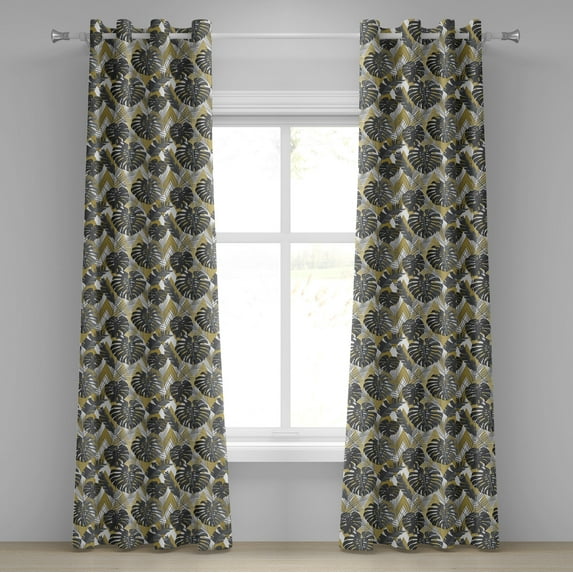 Ambesonne Banana Leaf Grommet Curtain, Modern Aloha Style, 50" x 96", Charcoal Grey and Khaki