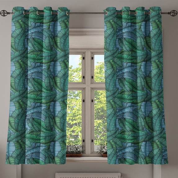 Ambesonne Banana Leaf Grommet Curtain, Tropical Foliage, 50" x 63", Jade Green Pale Blue