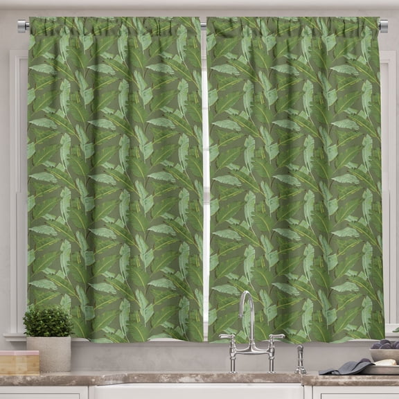 Ambesonne Banana Leaf Kitchen Curtains, Overlapping Trees, 55"x45", Olive Green Green