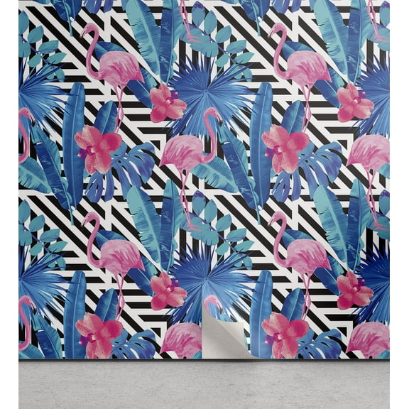 Ambesonne Banana Leaf Peel & Stick Wallpaper for Home, Watercolor Flamingo, 13"x100", Multicolor