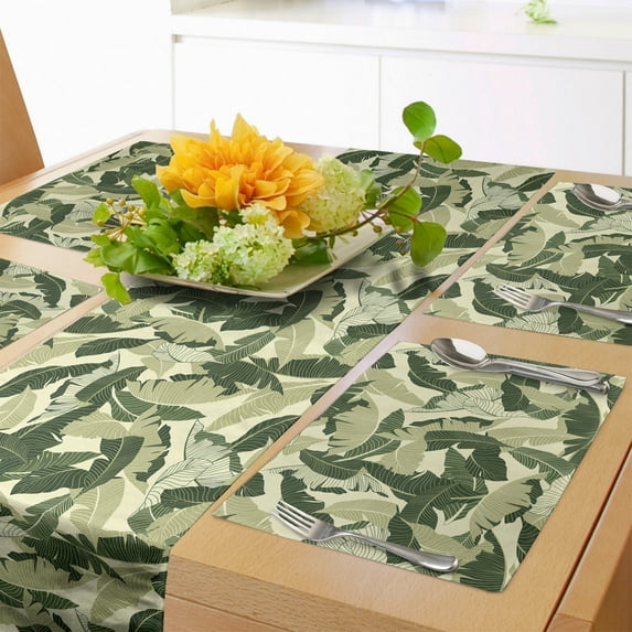 Ambesonne Banana Leaf Table Runner & Placemats, Caribbean Vintage, Placemat 4 pcs + Runner 16"x90", Pale Green Dark Green