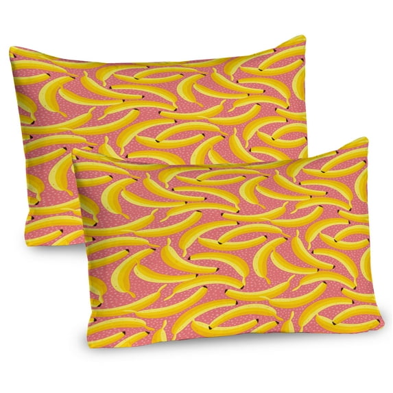 Ambesonne Banana Pillow Sham 2 Pack, Exotic Fruits and Polka Dots, 30"x20", Pastel Pink Yellow