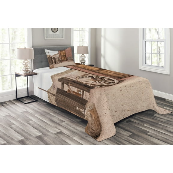 Ambesonne Barn Wood Wagon Wheel Quilted Bedspread Set 2 Pcs, Farmhouse, Twin Size, Umber Pale Brown