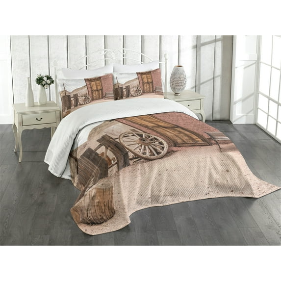 Ambesonne Barn Wood Wagon Wheel Quilted Bedspread Set 3 Pcs, Farmhouse, Queen Size, Umber Pale Brown