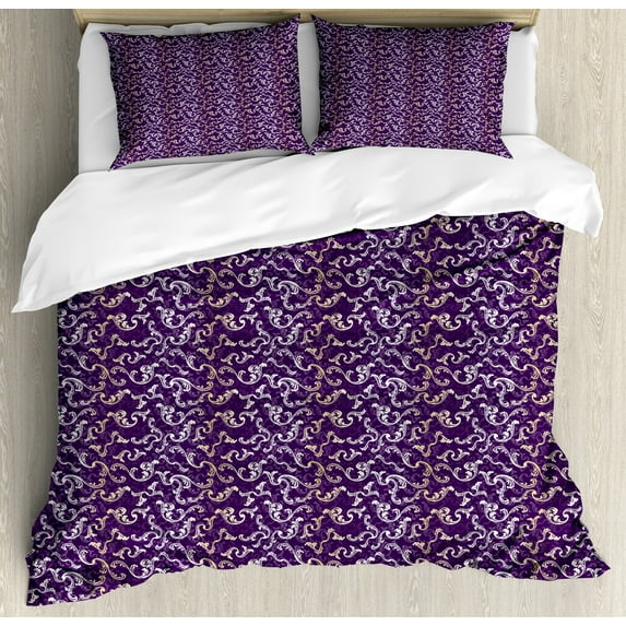 Ambesonne Baroque Duvet Cover Sets, Lavish Curls on Purple Tone, 2-Queen, Purple Eggplant