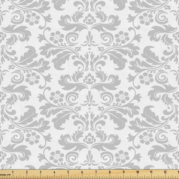 Ambesonne Baroque Fabric by the Yard Upholstery, Flower Bouquet Motifs Art, 1 Yard, White and Pale Grey