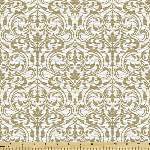 Ambesonne Baroque Fabric by the Yard Upholstery, Medieval Floral Pattern, 2 Yards, Camel and White