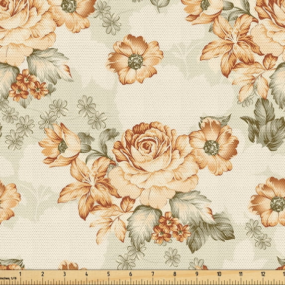 Ambesonne Baroque Floral Fabric by the Yard Upholstery, Leafy Blooming Rose, 1 Yard, Reseda Green Dark Peach