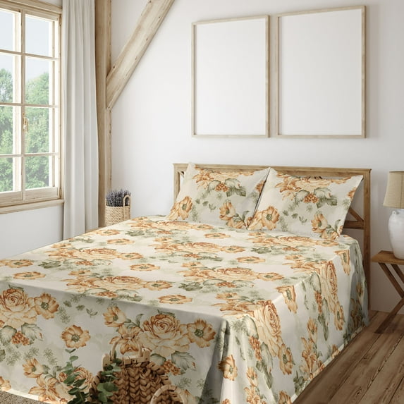 Ambesonne Baroque Floral Fitted & Flat Sheet with Sham 3 Pcs Set, Leafy Blooming Rose, Twin, Reseda Green Dark Peach