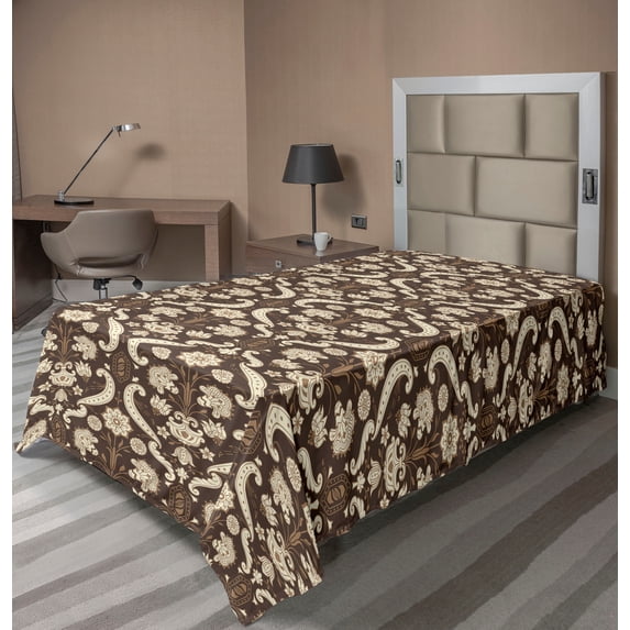 Ambesonne Baroque Floral Flat Bedding Sheet Soft Top Sheet, Vintage Damask Boho, Twin, Taupe Eggshell Umber