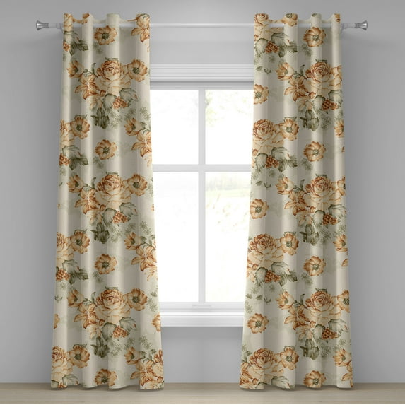 Ambesonne Baroque Floral Grommet Curtain, Leafy Blooming Rose, 50"x108", Reseda Green Dark Peach