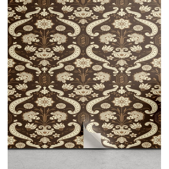 Ambesonne, Baroque Floral Peel & Stick Wallpaper for Home, Vintage Damask Boho, 13"x100", Taupe Eggshell Umber