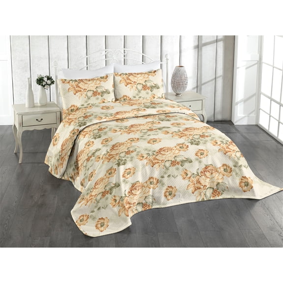 Ambesonne Baroque Floral Quilted Coverlet 2 Pcs, Leafy Blooming Rose, Twin Size, Reseda Green Dark Peach