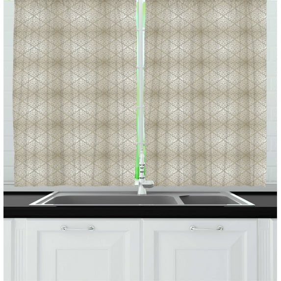Ambesonne Baroque Kitchen Curtains, Damask Like Royal Motifs, 55"x45", Eggshell Tan