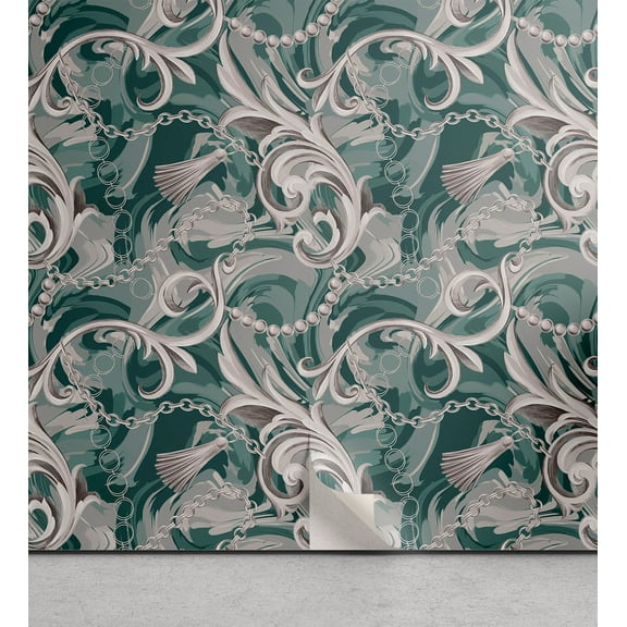 Ambesonne Baroque Peel & Stick Wallpaper for Home, Royal Flora Curlicue Damask, 13"x36", Pale Grey Hunter Green
